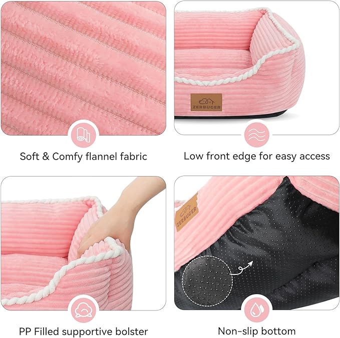 Cat Dog Bed for Pets, Rectangle Pet Bed Gift for Puppy and Kitten, Machine Washable Calming Fluffy Pet Couch Sofa for Indoor Outdoor, Portable Soft Cat Bed with Non-Slip Bottom (Small, Pink) - PAWPICO