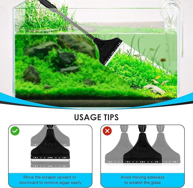 AQQA 4-in-1 Aquarium Cleaning Tools, Multifunctional Aquarium Glass Cleaner Algae Scraper for Glass Aquariums for Aquariums of Various Sizes with Telescopic Handle, 4 Cleaning Heads AQQA