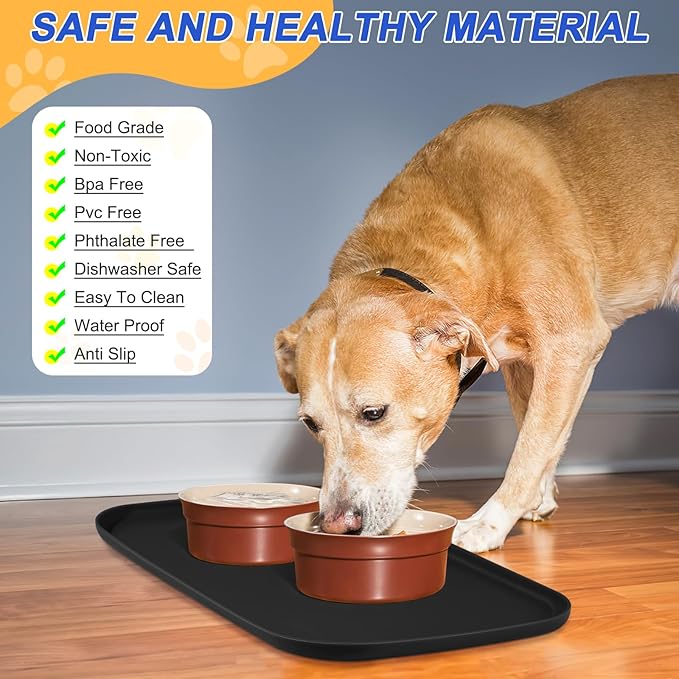 Silicone Pet Feeding Mat with Raised Edge, Dog Cat Bowl Mats for Food and Water, Pet Placemat for Floors Waterproof, 22” x 14” x 0.8” Black - PAWPICO