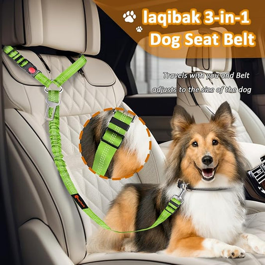 Removable Dog Seat Belt Harness for Car, 3 in 1 Pet Dog Car Seatbelt Leash, Retractable Restraint Secures to Vehicle Headrest & Adjustable Reflective Bungee Dog Seatbelt Tether, Green and Black laqibakProductcollection