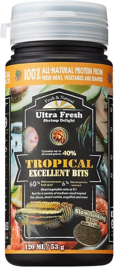 Ultra Fresh Tropical Fish Food, Wild Sword Prawn, Natural Color Enhancement, Slow Sinking Pellet for Discus, Angelfish, Medium Sized Cichlids and Fish, Tropical Excellent Bits 1.87 oz UltraFresh-ShrimpDelight