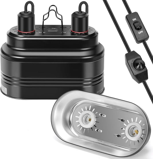 Dual Reptile Light Fixture with Thermostat Switch and Independent Switch, Deep Dome Reptile Heat Lamp Fixture Optical Reflector Lampshade for Bearded Dragon, Amphibians, Tortoise (Max 160W) WelcometoMECESORReptileWorld