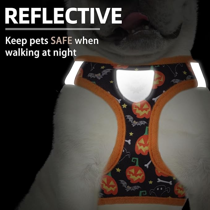 PUPTECK Adjustable Dog Harness Collar and Leash Set Step in No Pull Pet Harness for Small Medium Dogs Puppy and Cats Outdoor Walking Running, Soft Mesh Padded Reflective Vest Harnesses, Halloween, M PUPTECK