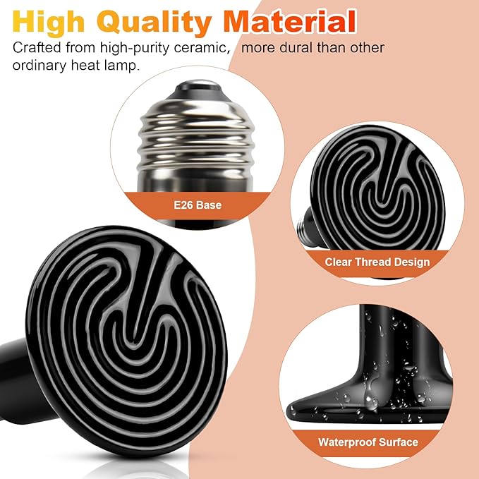 MIXJOY 250W Reptile Heat Lamp 2Pack Ceramic Heat Emitters Reptile Heat Lamp Bulbs, No Light Emitting Ceramic Heat Bulbs for Amphibian Terrarium Reptile Gecko Lizard Bearded Dragon Turtle Chicken Snake MIXJOY