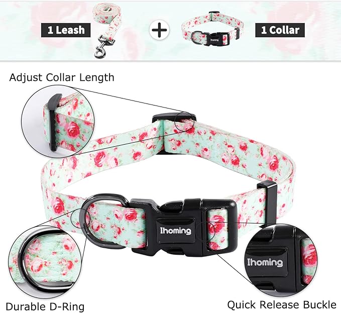 Ihoming Puppy Collar and Leash Set for Daily Outdoor Walking Running Training, Floral GreenLake Design for Extra Small Boys Girls Dogs Cats Pets, XS-Up to 10LBS Ihoming