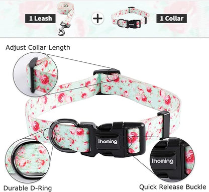 Ihoming Puppy Collar and Leash Set for Daily Outdoor Walking Running Training, Floral GreenLake Design for Extra Small Boys Girls Dogs Cats Pets, XS-Up to 10LBS Ihoming