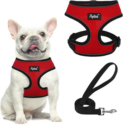 PUPTECK Soft Mesh Dog Harness and Leash Set Pet Puppy Cat Comfort Padded Vest No Pull Harnesses, Solid Red, M PUPTECK