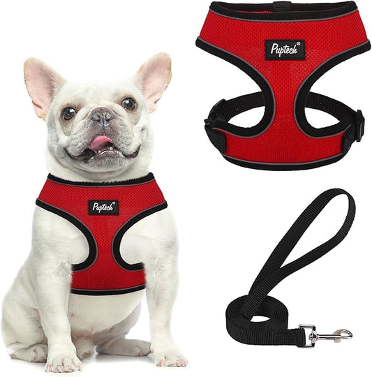 PUPTECK Soft Mesh Dog Harness and Leash Set Pet Puppy Cat Comfort Padded Vest No Pull Harnesses, Solid Red, M PUPTECK