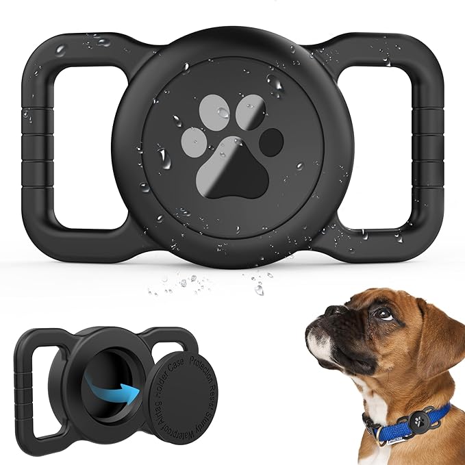 SANKALA Airtag Dog Collar Holder, [1 Pack] Waterproof Dog Airtag Holder, Silicone Full Body Covered Anti-Lost Protective Apple Air Tag Holder for Pet Collar - Fits All Width Collars, Black SANKALA
