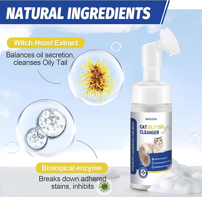 Cat Oily Tail Cleanser, 2-in-1 Wash and Brush,Removes Oil & Grease and Dandruff, PH Balanced,Degrease Cat Shampoo,Ideal for Cats with Oily Tails 5.07fl.oz Ninibabie