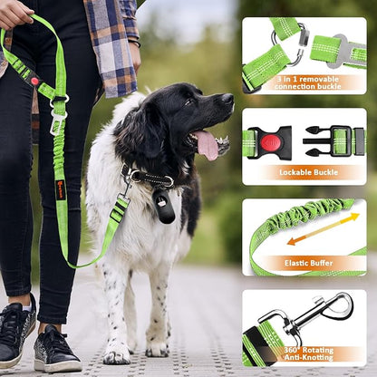 Removable Dog Seat Belt Harness for Car, 3 in 1 Pet Dog Car Seatbelt Leash, Retractable Restraint Secures to Vehicle Headrest & Adjustable Reflective Bungee Dog Seatbelt Tether, Green and Black - PAWPICO