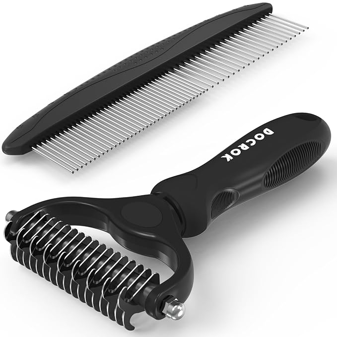 Pet Grooming Combo: Undercoat Rake, Dematting Deshedding Brush for Long-Haired Dogs and Cats, Black - PAWPICO