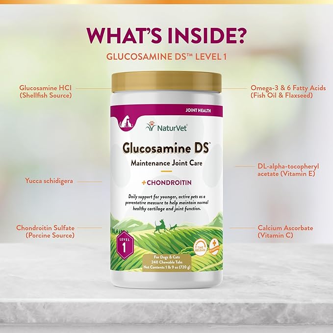 NaturVet – Glucosamine DS - Level 1 Maintenance Care | Preventative Care to Maintain Healthy Cartilage & Joint Function | Enhanced with Glucosamine & Chondroitin | for Dogs & Cats (240 Tablets) NaturVet