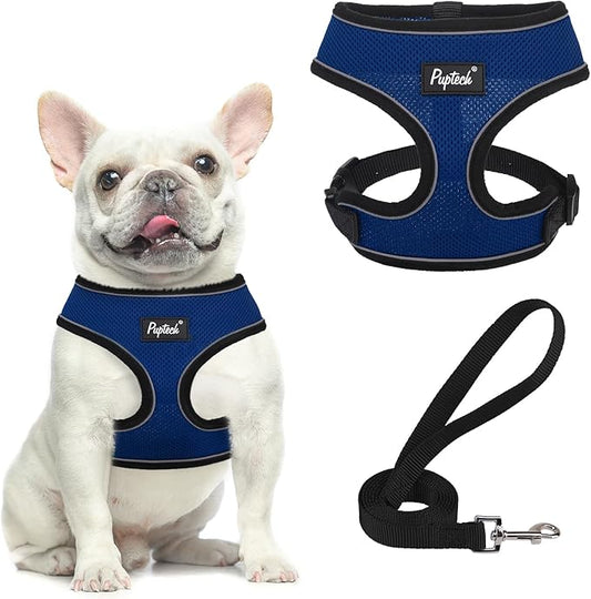 PUPTECK Soft Mesh Dog Harness and Leash Set Pet Puppy Cat Comfort Padded Vest No Pull Harnesses, Solid NavyBlue, S PUPTECK