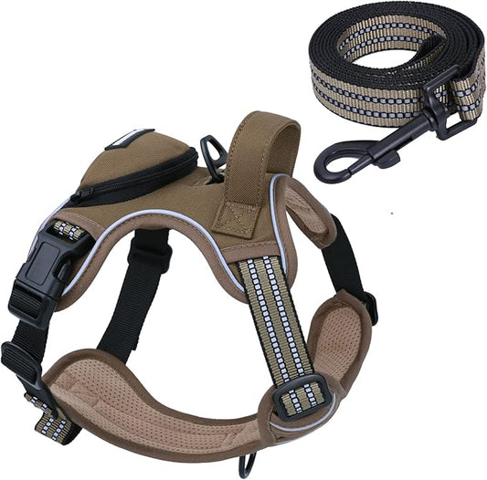No Pull Dog Harness for Large Dogs, Adjustable No Choke Pet Vest with Dog Leash Fit Smart Reflective Pet Walking Harness for Training Easy Control Soft Handle Brown XL BUMBIN
