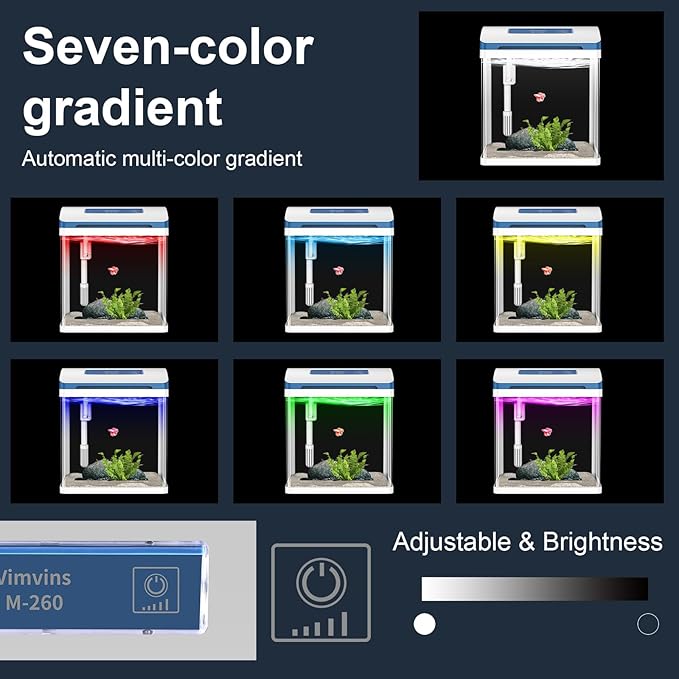 Betta Fish Tank 2 Gallon Glass Aquarium Starter Kit, Self-Cleaning Small Fish Tank with Adjustable 7-Color Light. PAWPICO