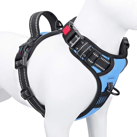 PHOEPET No Pull Dog Harness 3M Reflective Adjustable Vest with a Training Handle, Name ID Pocket, 2 Metal Leash Hooks, 3 Snap Buckles [Easy to Put on & Take Off](XL, Baby Blue) - PAWPICO