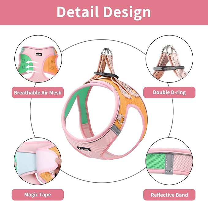 AMTOR Small Dog Harness with Leash Set, No Escape Easy Walk Puppy Harnesses for Training Walking, Step-in Reflective Soft Dogs Vest for XS S Medium Extra-Small Large Sized Dog(Pink/Orange) AMTOR