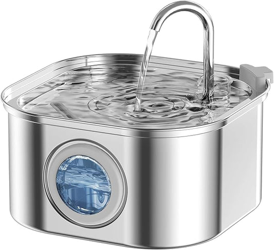 Cat Water Fountain, 3.2L/108oz Stainless Steel Pet Water Fountain, cat Fountain with Super Quiet &Transparent Window Design- Water Fountains for Cats Indoor - PAWPICO
