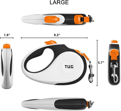 TUG 360° Tangle-Free Retractable Dog Leash with Anti-Slip Handle | 16 ft Strong Nylon Tape | One-Handed Brake, Pause, Lock (Large, White/Orange) TUG