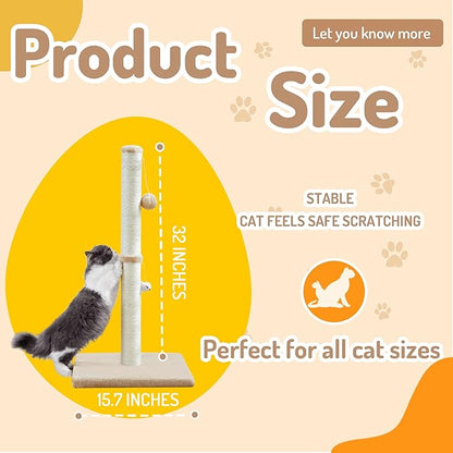 MeowHomm 32” Tall Cat Scratching Posts for Indoor Cats Adults with 2 Hanging Ball, Large Cat Scratch Post Cat Scratcher Includes Sisal Rope(Yellow) - PAWPICO