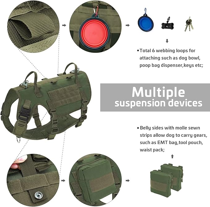 Forestpaw Tactical Dog Harness for Large Dogs,Tactical Dog Collar with Bungee Leash Set,No Pull Military Dog Harness for Dog Walking Training,Adjustable for Medium Large Dogs,Green S Forestpaw