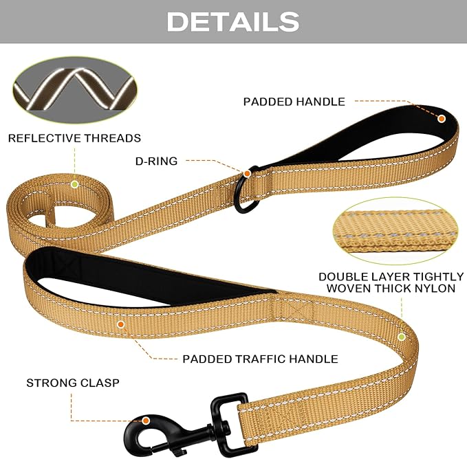 Joytale Dog Leash Heavy Duty for Large Dogs That Pull, Double Handle for Traffic Control, Double-Sided Reflective Leashes for Large Medium Dogs Night Safety, 4FT, Khaki Joytale