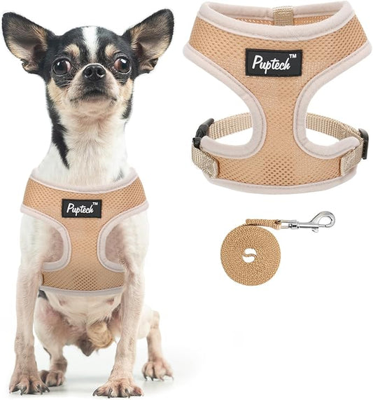 PUPTECK Soft Mesh Dog Harness and Leash Set Pet Puppy Cat Comfort Padded Vest No Pull Harnesses, Solid Beige, XS PUPTECK