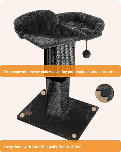 32" Cat Scratching Post for Indoor Cats, Sisal Cat Scratcher with Plush Perch, Large Scratch Post with Bed, Removable Cover, Sisal Fabric,Black - PAWPICO