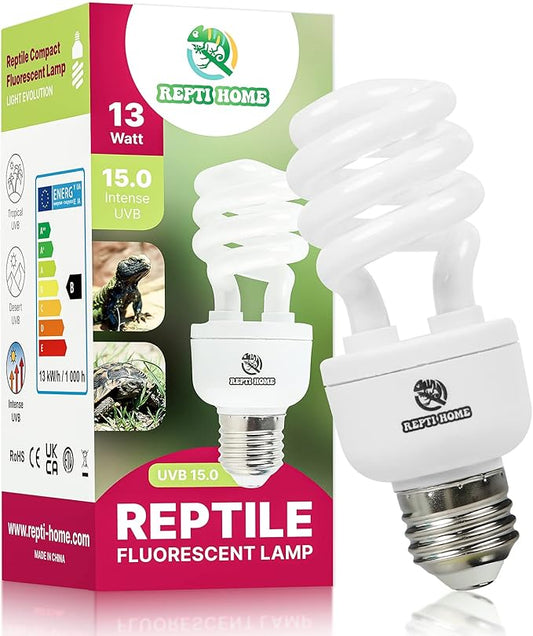 UVB Reptile Light 15.0, 13W Intense UVA UVB Bulb for Reptiles, Terrarium Compact Fluorescent Lamp, Reptile UVB Light Bulb for Desert Reptiles & Amphibians REPTIHOME