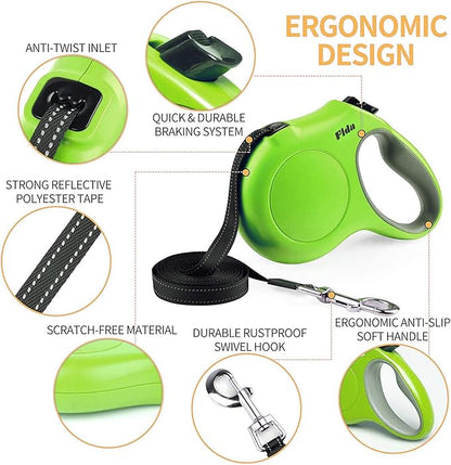 Fida Retractable Dog Leash, 10ft Heavy Duty Pet Walking Leash for X-Small Dog or Cat up to 18 lbs, Tangle Free. One-Hand Brake (X-Small, Green) Fida