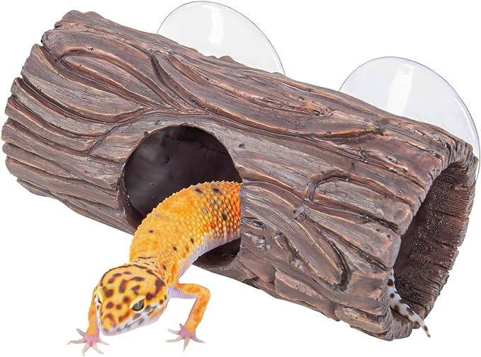 Reptile Hide, Resin Hollow Log Hideout with 2pcs Powerful Suction Cup, Reptile Tank Accessories Climbing Toys Terrarium Hideaway Caves Decor for Gecko, Lizard, Snakes, Hermit Crabs, Forgs CAVACHEWReptileSupplies