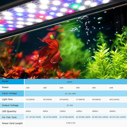 AQQA LED Aquarium Light Plant Fish Tank Light Full Spectrum Waterproof Fish Light with 24/7 Natural Mode DIY Adjustable Brightness Multi-Color Timer & Extendable Bracket for 12-18 Inch (14W) AQQA