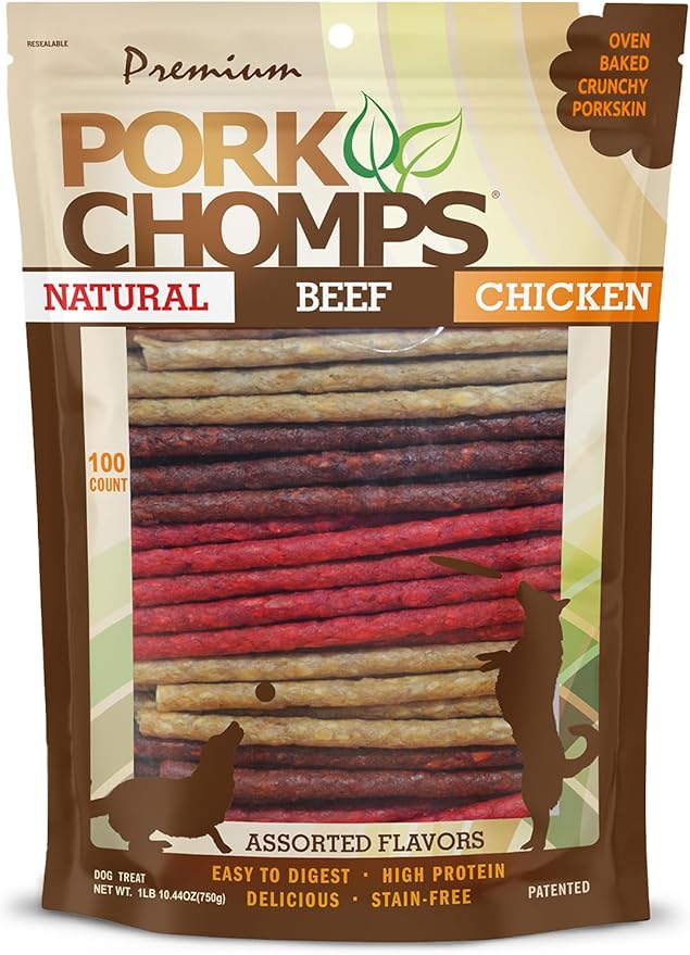 Pork Chomps Dog Chews, 5-inch Munchy Sticks, Assorted Flavors, 100 Count - PAWPICO