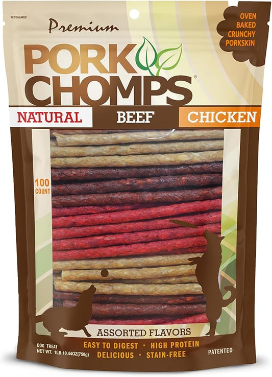 Pork Chomps Dog Chews, 5-inch Munchy Sticks, Assorted Flavors, 100 Count - PAWPICO