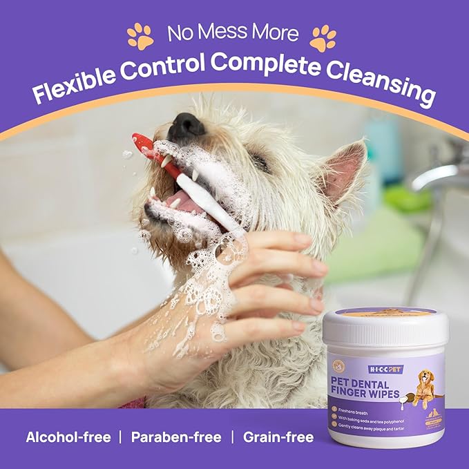 HICC PET Teeth Cleaning Wipes for Dogs & Cats, Remove Bad Breath by Removing Plaque and Tartar Buildup No-Rinse Dog Finger Toothbrush, Disposable Gentle Cleaning & Gum Care Pet Wipes, 50 Counts HICCPET