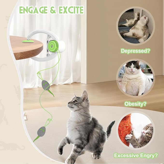 Cat Toy Interactive for Indoor Cats, Smart USB Rechargeable Door Hanging Automatic Retractable Kitten Toys, Teaser Electronic Self Play Feather Cat String Toy Attached with 3 Catnip Mice Green - PAWPICO
