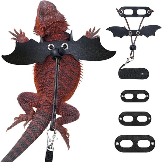 Bearded Dragon Harness and Leash Set, Adjustable Harness Soft Leather-3 Sizes (S, M, L) with Black Wing, Upgrade Lizard Reptile Leash Harness for Bearded Dragon,Lizard, Iguana or Gecko Bopurle