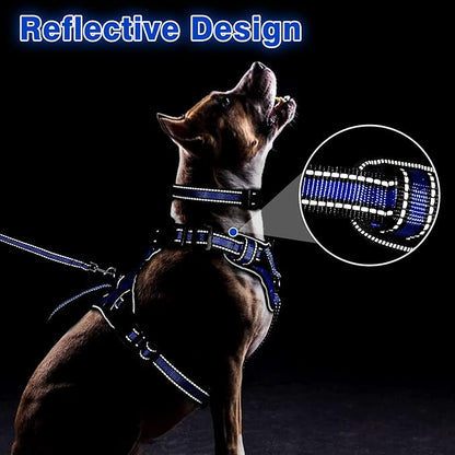 WINSEE Pet Harness Collar and Leash Set, All-in-one Reflective Dog Harness No Pull with Adjustable Buckles for Puppies, Small, Medium, Large, and Extra-Large Dogs (Medium, Dark Blue) WINSEE