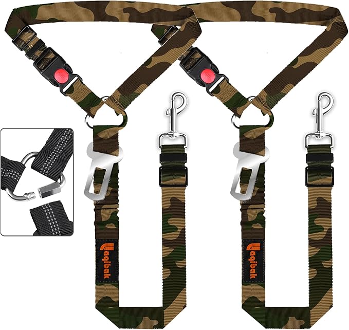 Removable Dog Seat Belt Harness for Car, 3 in 1 Pet Dog Car Seatbelt Leash, Retractable Restraint Secures to Vehicle Headrest & Adjustable Reflective Bungee Dog Seatbelt Tether, Camouflage laqibakProductcollection