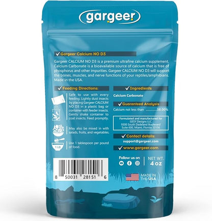 4oz All Reptile Calcium Powder, Phosphorus-Free Ultrafine Powder, Pure Dust Without Vitamin D3, Ready to Use for All Reptiles, Lizards & Amphibians Supplement. Made in The USA. Enjoy ! Gargeer