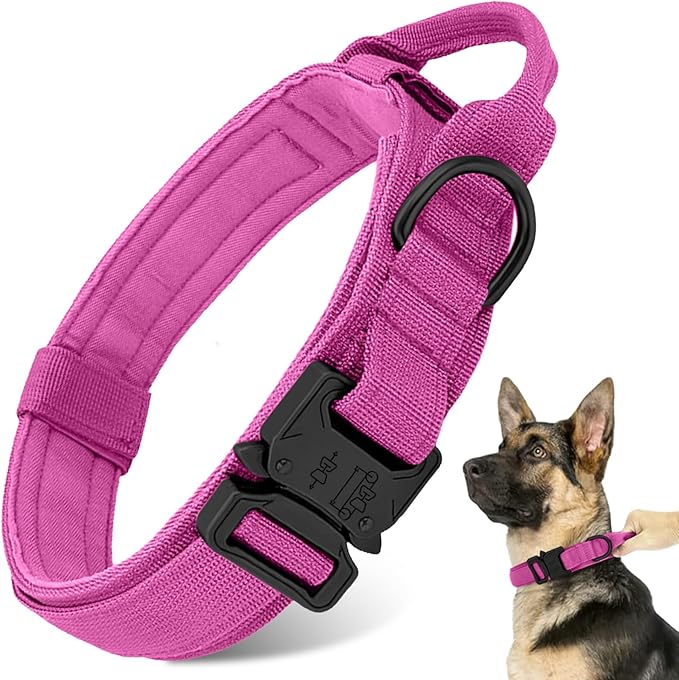 Tactical Dog Collar - Military Dog Collar, Adjustable Heavy Duty Metal Buckle Nylon Dog Collar with Control Handle for Small Medium Large Dogs, (Pink, L) ANTSWISH