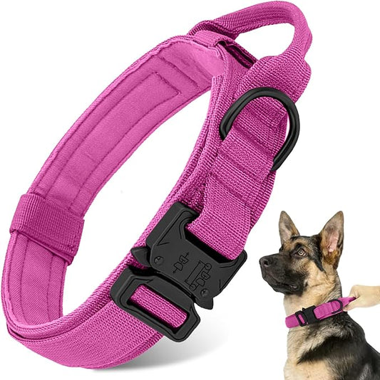 Tactical Dog Collar - Military Dog Collar, Adjustable Heavy Duty Metal Buckle Nylon Dog Collar with Control Handle for Small Medium Large Dogs, (Pink, L) ANTSWISH