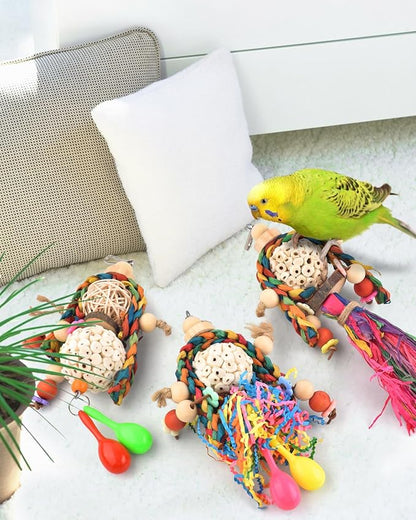 Bissap Conure Toys, 3PCS Bird Parrot Foraging Shredder Hanging Toys Sola Balls with Sand Hammer for Small Parrots Parakeets Conures Cockatiels Love Birds Cage Toy Bissap