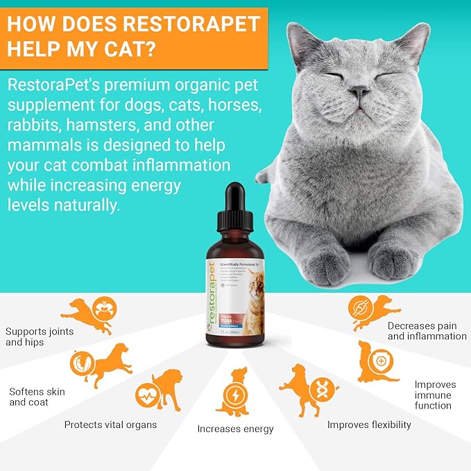 RestoraPet Organic Cat Supplement | Healthy & Safe Antioxidant Liquid Drops | Anti-Inflammatory Multi-Vitamin | Increases Mobility & Energy | Cat Joint Supplement | Tuna Flavored RestoraPet
