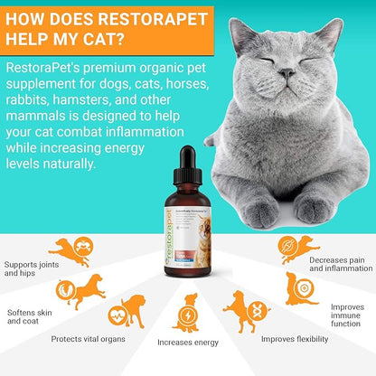 RestoraPet Organic Cat Supplement | Healthy & Safe Antioxidant Liquid Drops | Anti-Inflammatory Multi-Vitamin | Increases Mobility & Energy | Cat Joint Supplement | Tuna Flavored RestoraPet