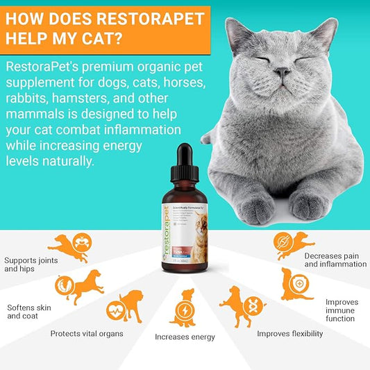 RestoraPet Organic Cat Supplement | Healthy & Safe Antioxidant Liquid Drops | Anti-Inflammatory Multi-Vitamin | Increases Mobility & Energy | Cat Joint Supplement | Tuna Flavored RestoraPet