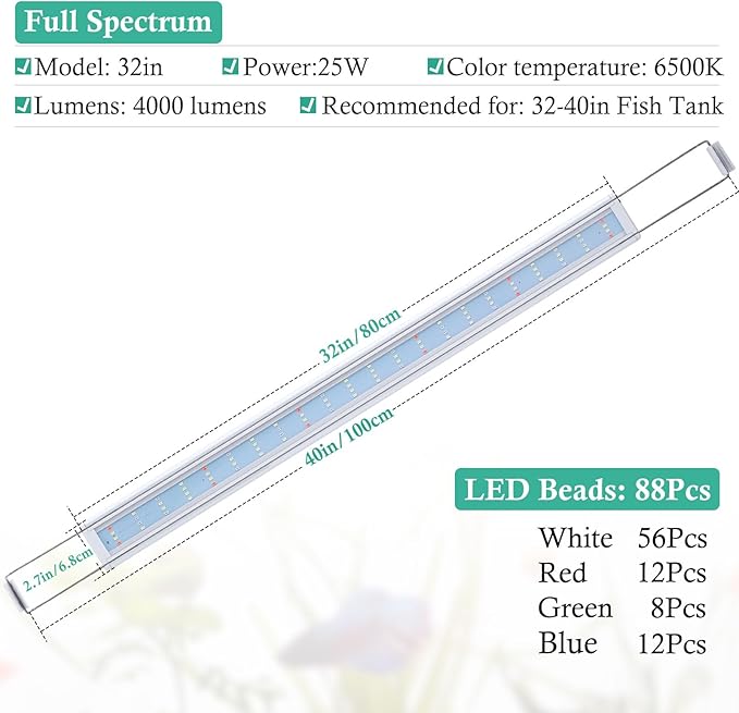 HITOP Full Spectrum LED Aquarium Light – 32-40" Classic Fish Tank Light with Timer, Aquarium Plant Light with Stable Extendable Brackets (32-40in) HITOP-FocusonAquarium