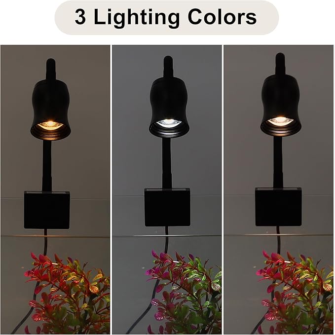 Fish Tank Light, Aquarium Light, USB Small Aquarium Light with Timer, 360° Rotate Aquarium Lamp, 3 Colors Adjustable Focal Length, Black CAPASTEC