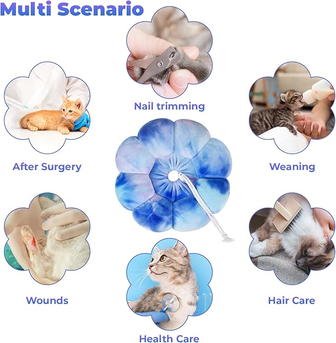 Flower Cat Cone, Uadonile Adjustable Cat Cone Collar, Soft Dog Elizabethan Collar Recovery E Collar After Surgery, Recovery E-Collar for Kittens/Puppies and Cats Recovery(Tie-dye Purple Blue, S) Uadonile